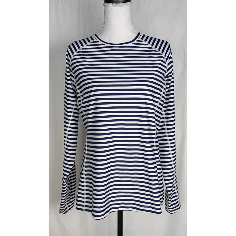 Coolibar Hightide Women's Large Swim Shirt Rash Guard UPF 50+ Blue White Striped